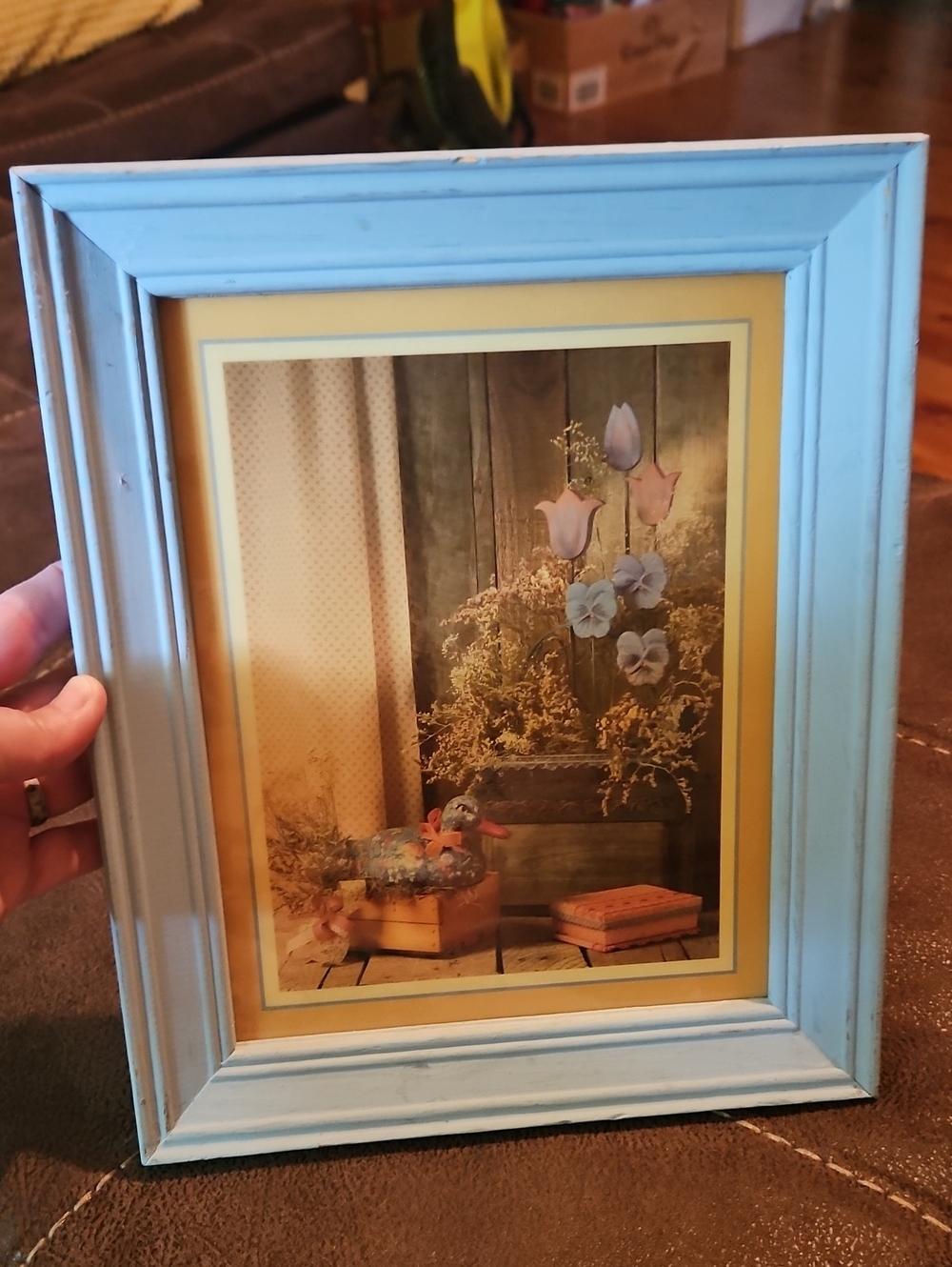 Vintage Blue Picture Frame with Yellow Mat Accent Cottagecore Duck